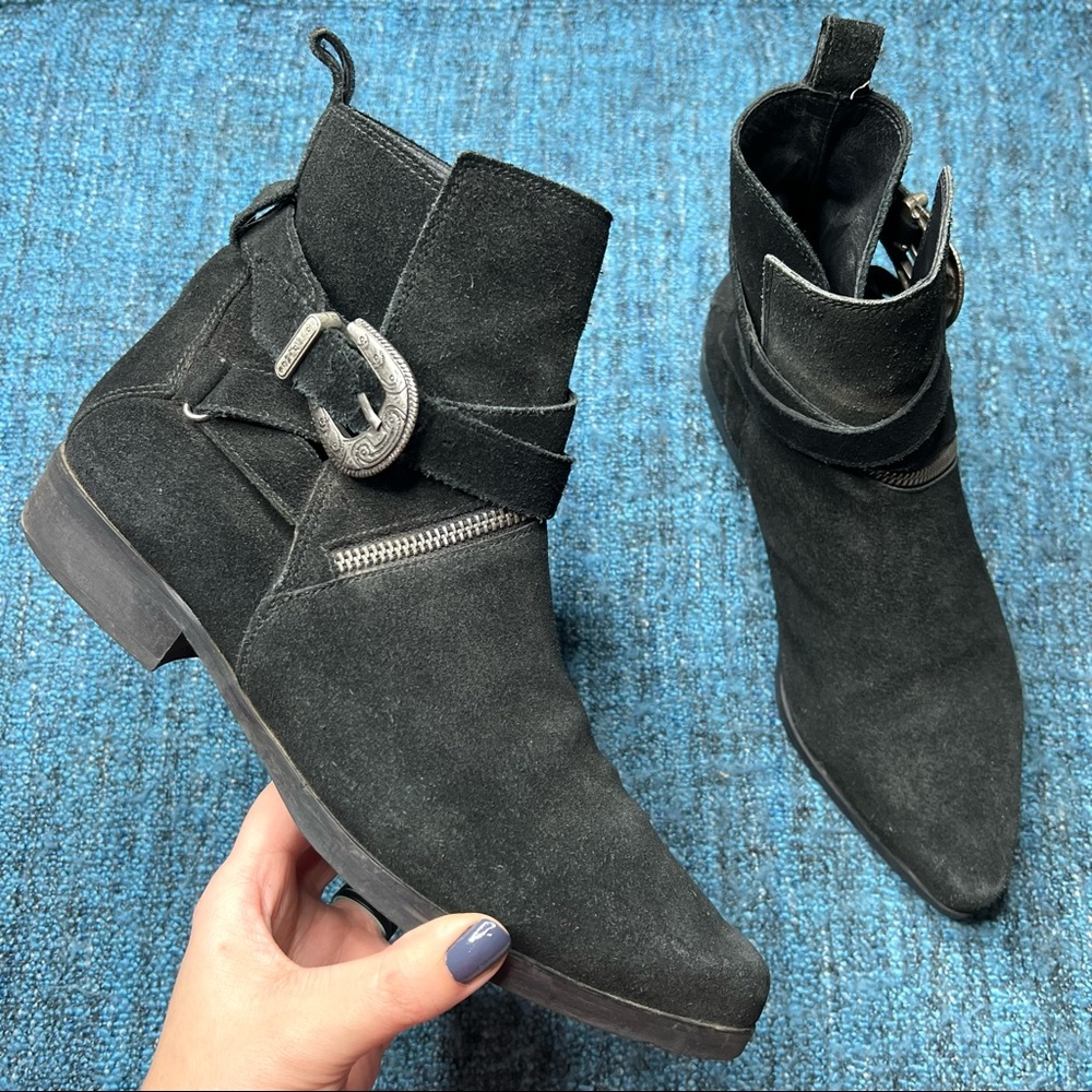 All Saints Tejus Western Buckle Strap Ankle Booties in Black